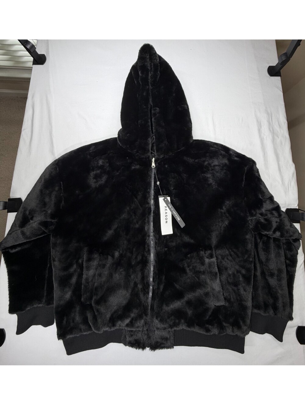 Reason Women's Jacket Full Zip Hooded Faux Fur Reversible Size M Black NWT